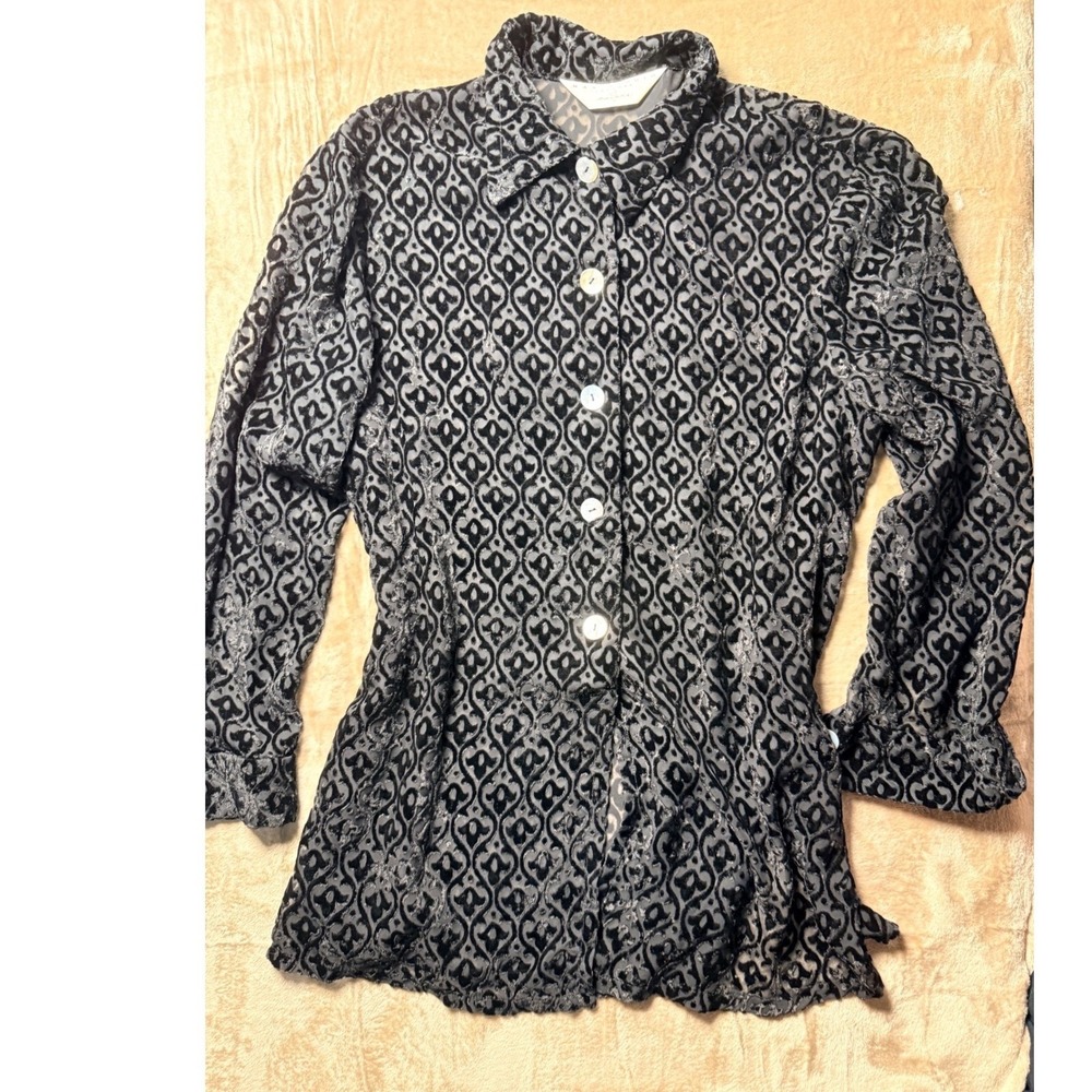 Max Studio Leon Max Womens Burnout Velvet  Sheer Button Down Whimsigoth Size L